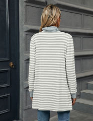 White Striped Turtleneck Pocket Long Sleeve Tops