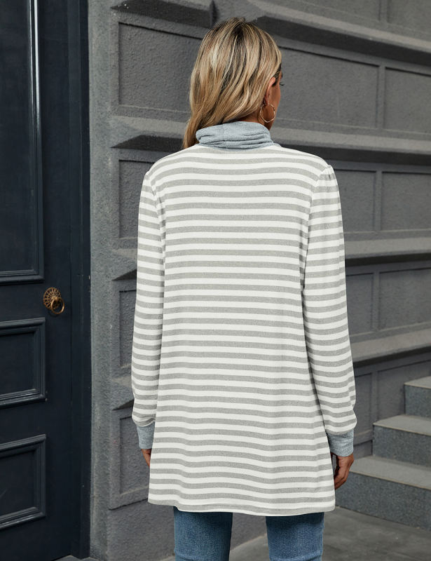 White Striped Turtleneck Pocket Long Sleeve Tops