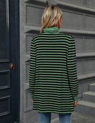 Green Striped Turtleneck Pocket Long Sleeve Tops