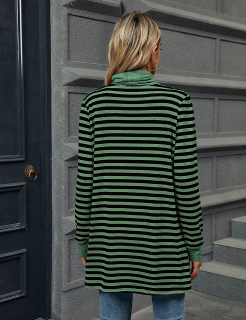 Green Striped Turtleneck Pocket Long Sleeve Tops