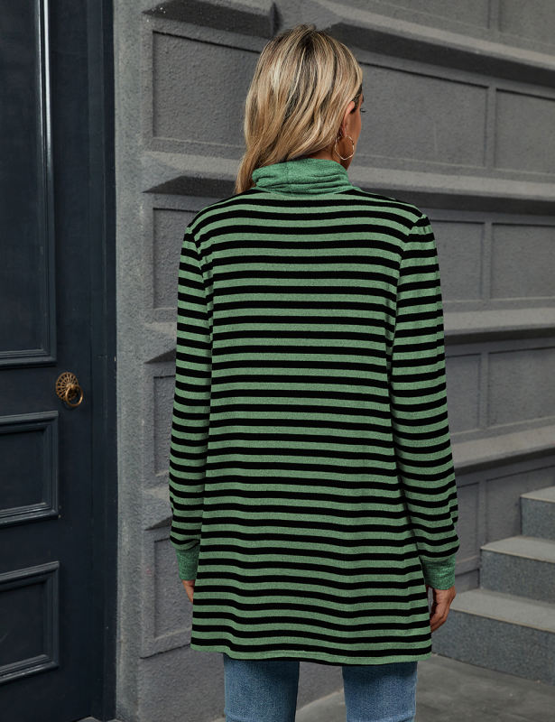 Green Striped Turtleneck Pocket Long Sleeve Tops