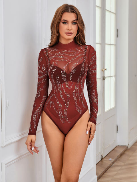 Burgundy Rhinestones Sheer Mesh Long Sleeve Mock Neck Bodysuit
