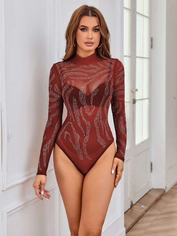 Burgundy Rhinestones Sheer Mesh Long Sleeve Mock Neck Bodysuit