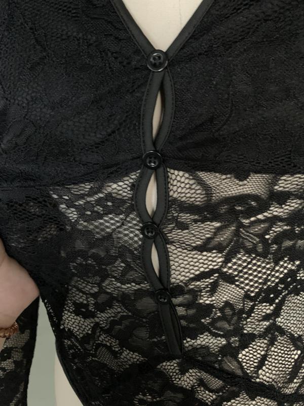Black Button-up V Neck Lace Long Sleeve Bodysuit