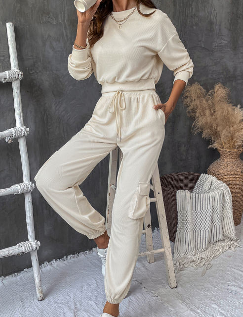 Apricot Solid Textured Sweatshirt and Multi Pockets Pant Set