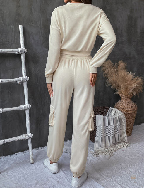 Apricot Solid Textured Sweatshirt and Multi Pockets Pant Set