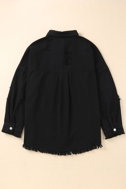 Black Distressed Fringe Trim Denim Jacket