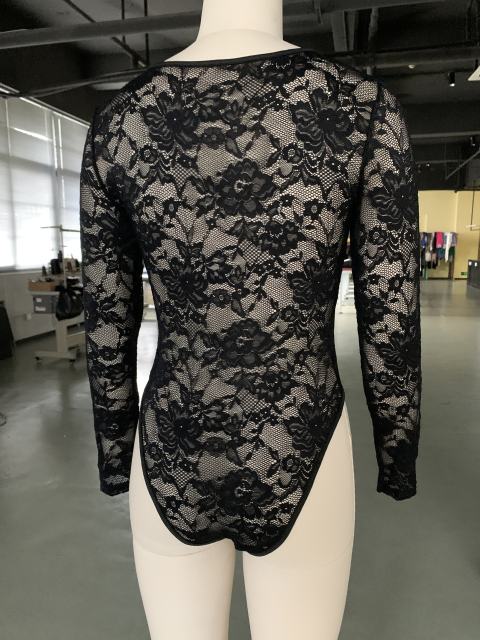 Black Button-up V Neck Lace Long Sleeve Bodysuit