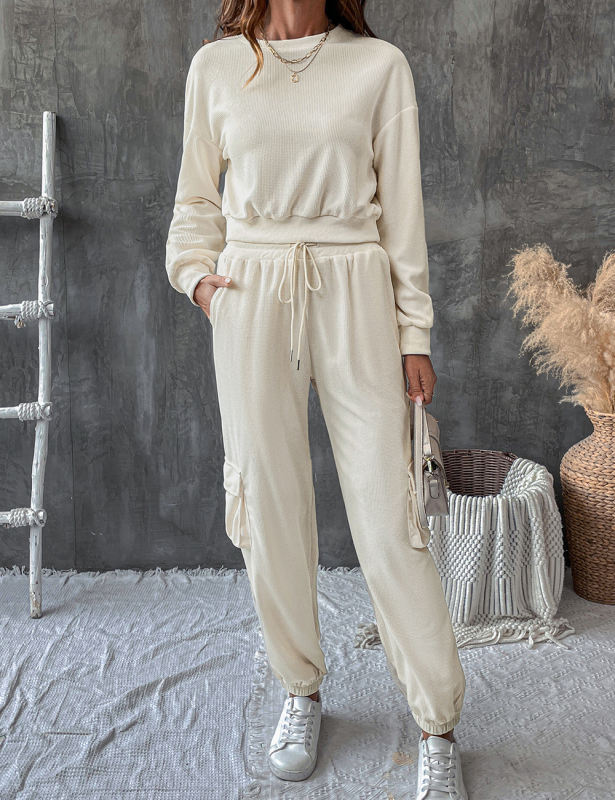 Apricot Solid Textured Sweatshirt and Multi Pockets Pant Set
