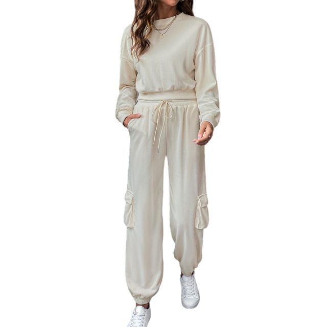 Apricot Solid Textured Sweatshirt and Multi Pockets Pant Set