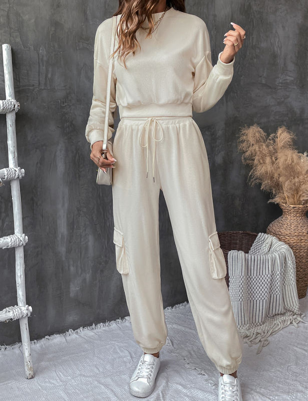 Apricot Solid Textured Sweatshirt and Multi Pockets Pant Set
