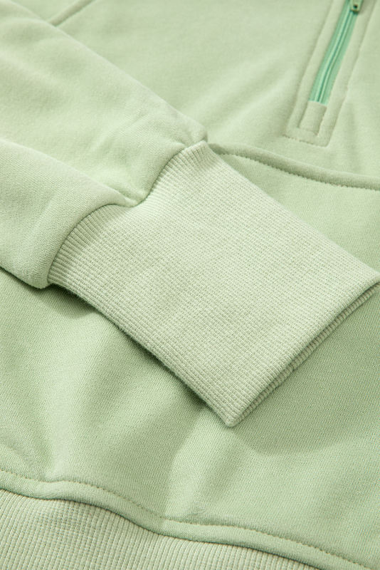 Smoke Green Quarter Zip Stand Neck Kangaroo Pocket Sweatshirt