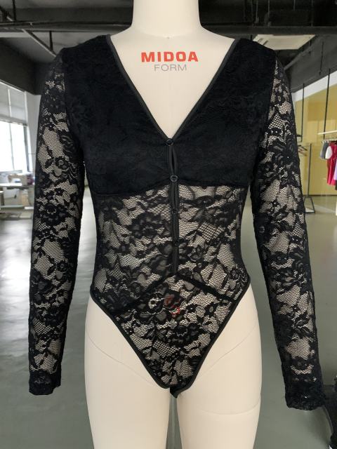 Black Button-up V Neck Lace Long Sleeve Bodysuit