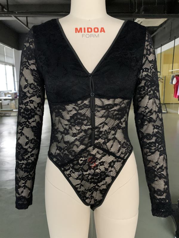 Black Button-up V Neck Lace Long Sleeve Bodysuit
