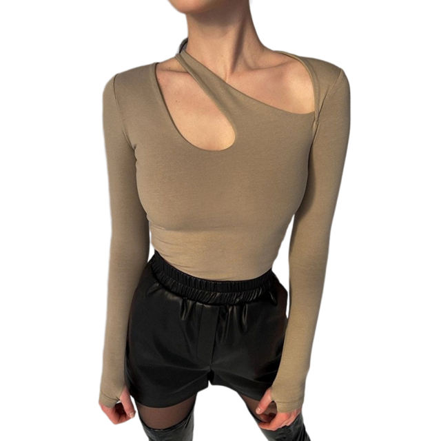 Khaki Asymmetrical Cut-out Long Sleeve Bodysuit