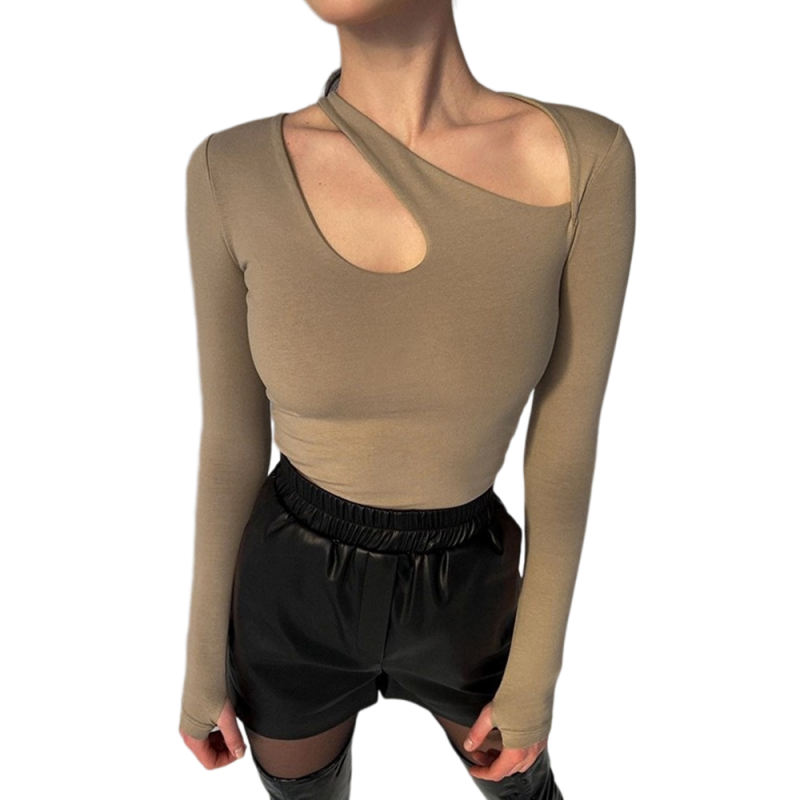 Khaki Asymmetrical Cut-out Long Sleeve Bodysuit