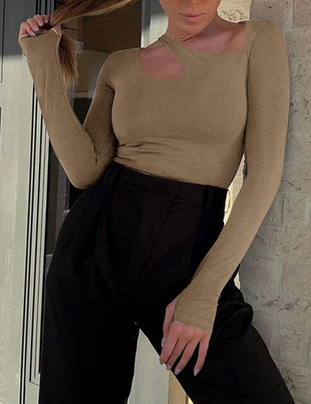 Khaki Asymmetrical Cut-out Long Sleeve Bodysuit
