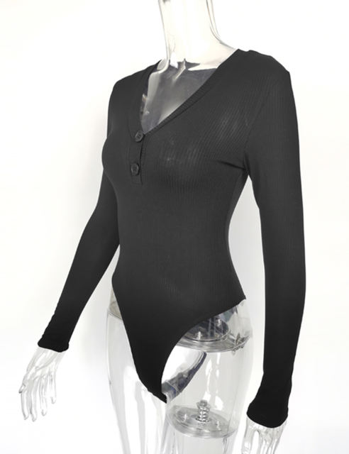 Black Button-up V Neck Ribbed Long Sleeve Bodysuit