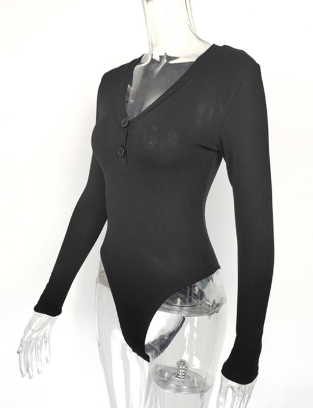 Black Button-up V Neck Ribbed Long Sleeve Bodysuit
