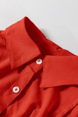 Tomato Red Bishop Sleeve Button Up Pleated Mini Shirt Dress