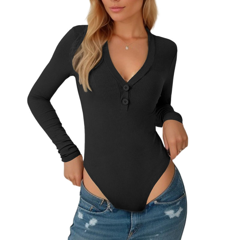 Black Button-up V Neck Ribbed Long Sleeve Bodysuit