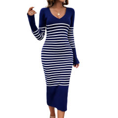Navy Blue V Neck Slim Fit Striped Sweater Dress