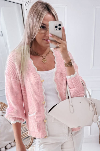 Pink Ribbed Knit Scalloped Edge Side Pockets Buttoned Cardigan