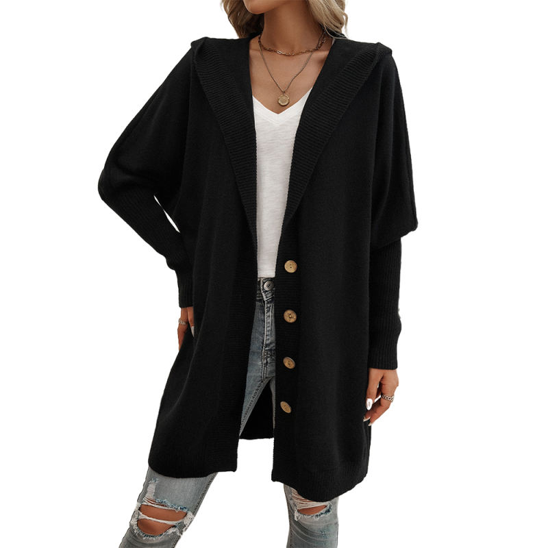 Black Solid Color Buttoned Hooded Cardigan