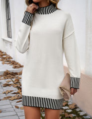 White Contrast Striped Detail High Neck Sweater Dress
