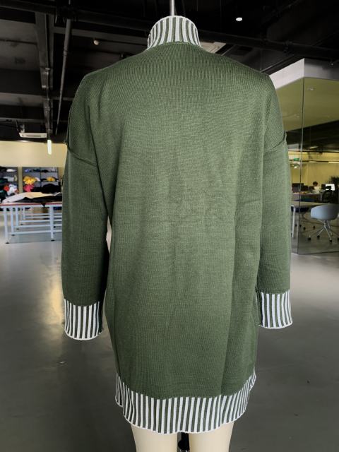 Army Green Contrast Striped Detail High Neck Sweater Dress