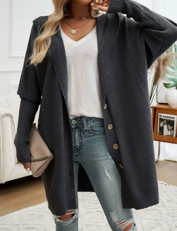 Gray Solid Color Buttoned Hooded Cardigan