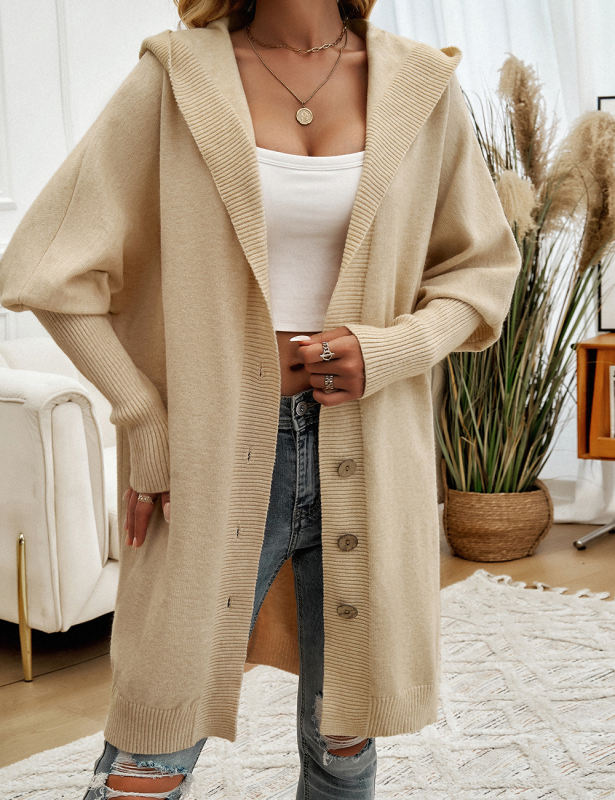 Apricot Solid Color Buttoned Hooded Cardigan