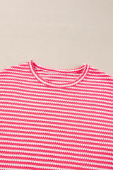 Rose Stripe Round Neck Drop Shoulder Long Sleeve Top