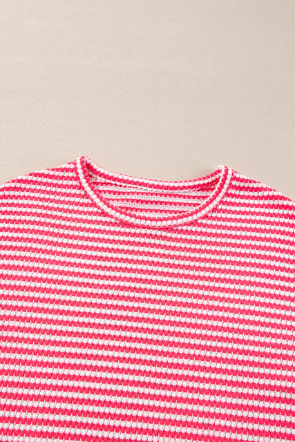 Rose Stripe Round Neck Drop Shoulder Long Sleeve Top