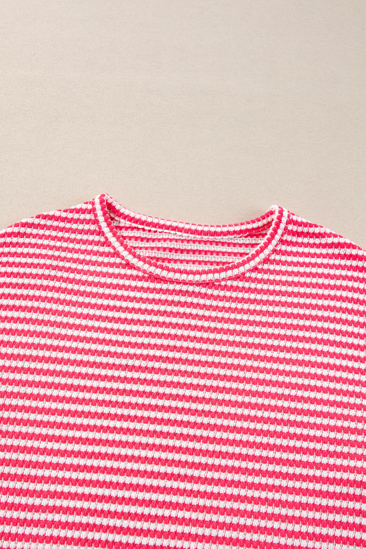 Rose Stripe Round Neck Drop Shoulder Long Sleeve Top