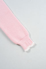 Pink Ribbed Knit Scalloped Edge Side Pockets Buttoned Cardigan