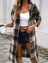 Khaki Plaid Print Buttoned Long Hooded Shacket