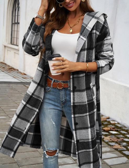 Grey Plaid Print Buttoned Long Hooded Shacket