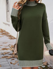 Army Green Contrast Striped Detail High Neck Sweater Dress