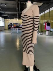 Khaki V Neck Slim Fit Striped Sweater Dress