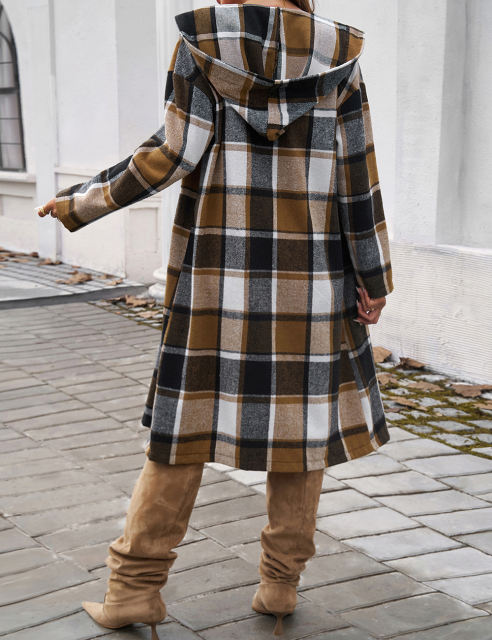 Khaki Plaid Print Buttoned Long Hooded Shacket