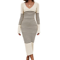 Apricot V Neck Slim Fit Striped Sweater Dress