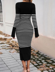 Black V Neck Slim Fit Striped Sweater Dress
