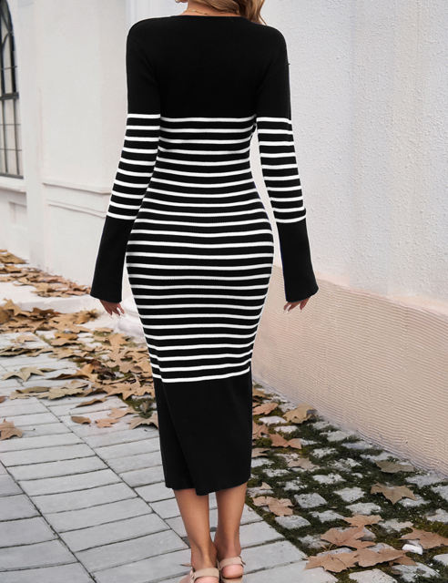 Black V Neck Slim Fit Striped Sweater Dress