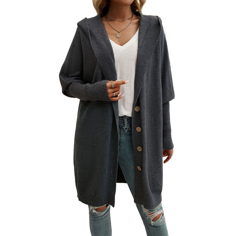 Gray Solid Color Buttoned Hooded Cardigan