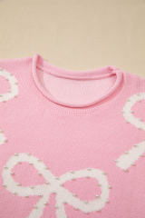 Pink Pearl Beaded Bowknot Pattern Distressed Split Hem Sweater