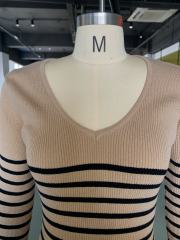 Khaki V Neck Slim Fit Striped Sweater Dress