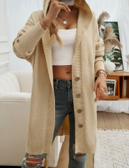 Apricot Solid Color Buttoned Hooded Cardigan