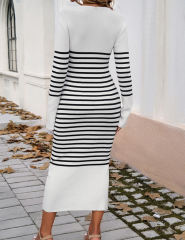 White V Neck Slim Fit Striped Sweater Dress