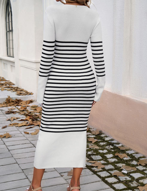 White V Neck Slim Fit Striped Sweater Dress